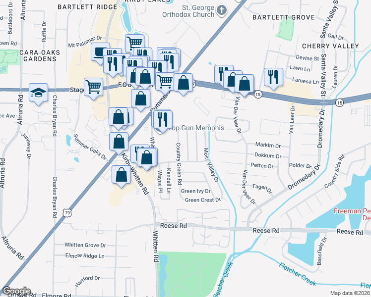 map of restaurants, bars, coffee shops, grocery stores, and more near 2750 Rambling Brook Drive in Memphis