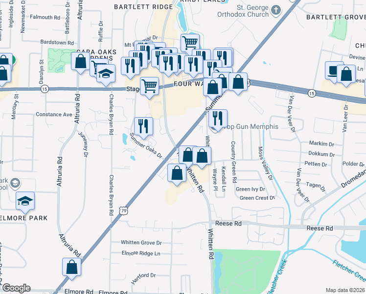 map of restaurants, bars, coffee shops, grocery stores, and more near 6672-6698 Summer Avenue in Bartlett