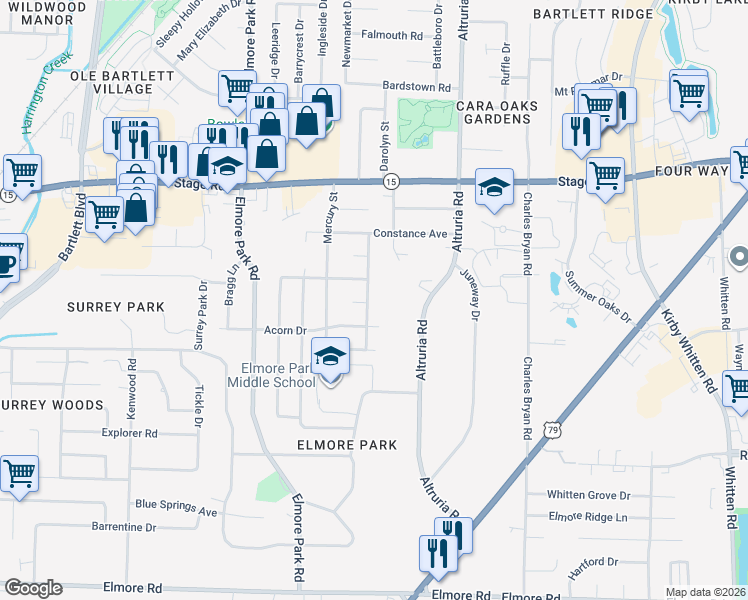 map of restaurants, bars, coffee shops, grocery stores, and more near 2742 North Star Drive in Bartlett