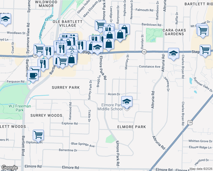 map of restaurants, bars, coffee shops, grocery stores, and more near 2745 Satellite Street in Bartlett