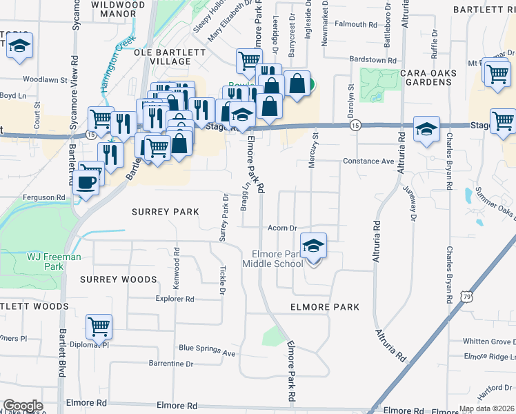 map of restaurants, bars, coffee shops, grocery stores, and more near 2750 Bragg Lane in Bartlett
