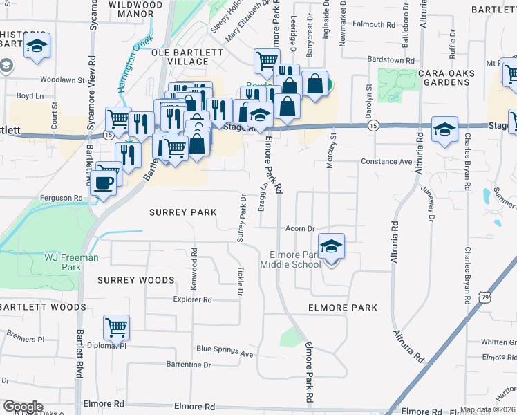 map of restaurants, bars, coffee shops, grocery stores, and more near 2750 Bragg Lane in Bartlett