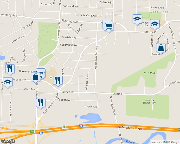 map of restaurants, bars, coffee shops, grocery stores, and more near 2746 Windsor Parkway in Memphis
