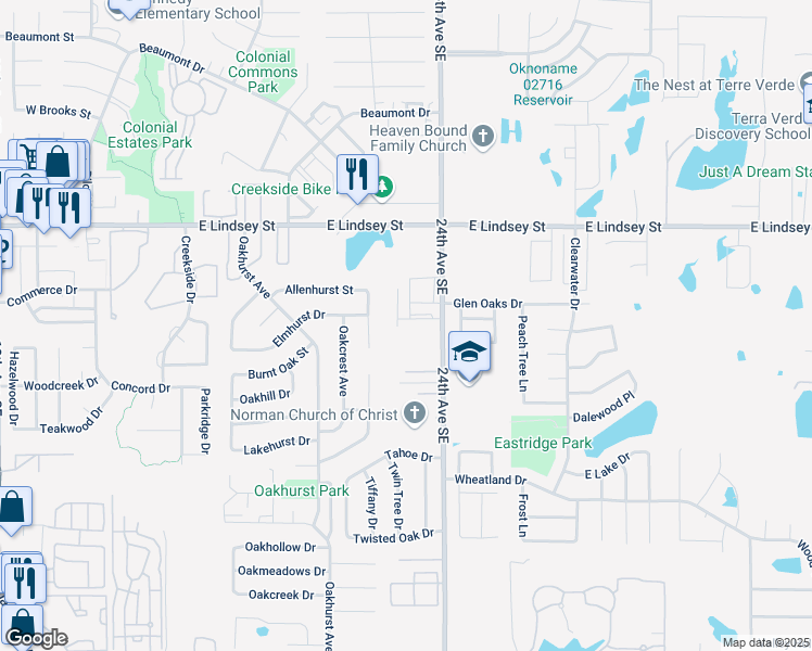 map of restaurants, bars, coffee shops, grocery stores, and more near 1403 Glen Oaks Court in Norman