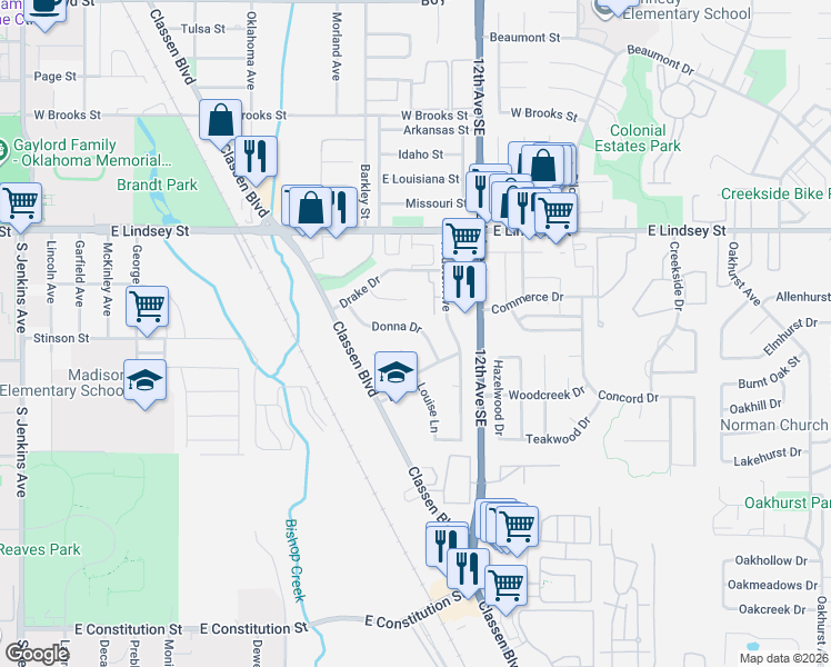 map of restaurants, bars, coffee shops, grocery stores, and more near 2246 Donna Drive in Norman
