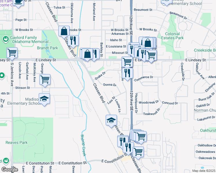 map of restaurants, bars, coffee shops, grocery stores, and more near 2246 Donna Drive in Norman