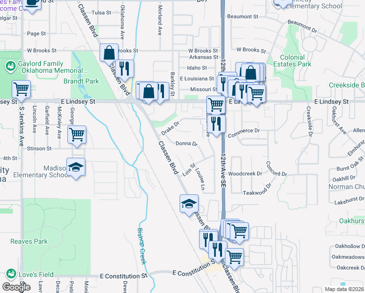 map of restaurants, bars, coffee shops, grocery stores, and more near 2246 Donna Drive in Norman