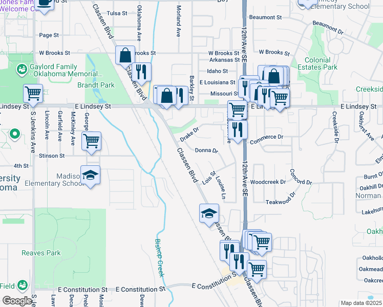 map of restaurants, bars, coffee shops, grocery stores, and more near 2230 Donna Drive in Norman