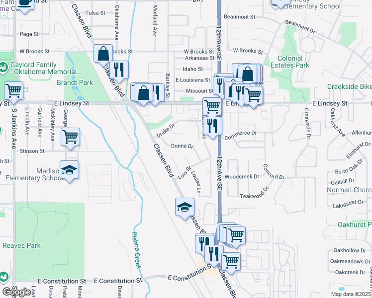 map of restaurants, bars, coffee shops, grocery stores, and more near 2248 Donna Drive in Norman