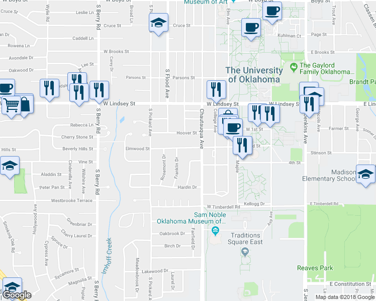 map of restaurants, bars, coffee shops, grocery stores, and more near 708 Elmwood Drive in Norman