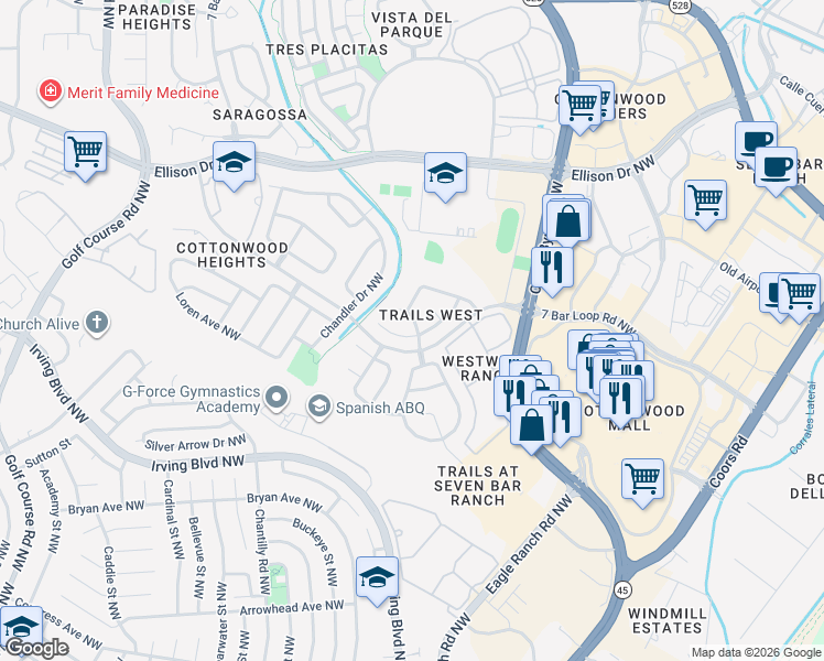 map of restaurants, bars, coffee shops, grocery stores, and more near 4009 DiabloTrail Place Northwest in Albuquerque