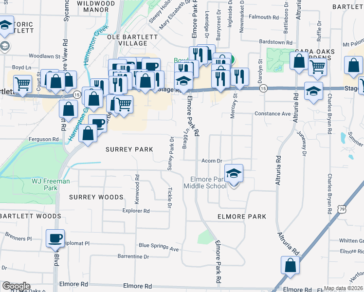 map of restaurants, bars, coffee shops, grocery stores, and more near 2750 Bragg Lane in Bartlett