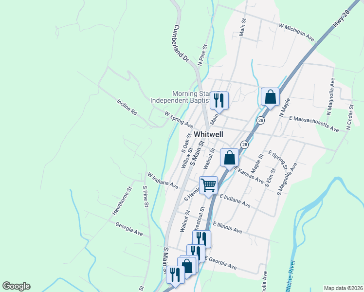 map of restaurants, bars, coffee shops, grocery stores, and more near 288 South Oak Street in Whitwell
