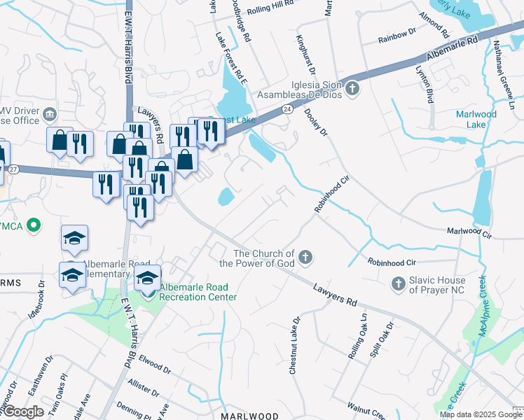 map of restaurants, bars, coffee shops, grocery stores, and more near 7047 Stonington Lane in Charlotte