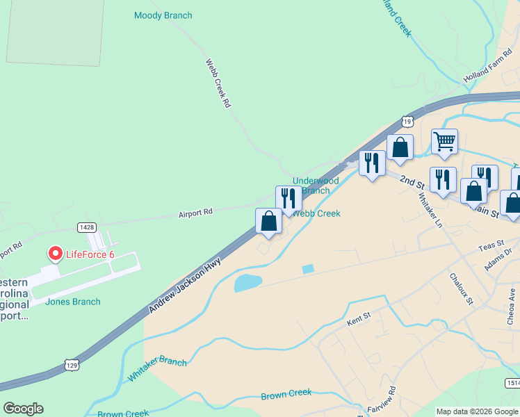 map of restaurants, bars, coffee shops, grocery stores, and more near 6784 Airport Road in Andrews