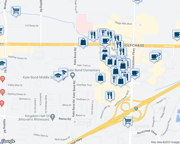map of restaurants, bars, coffee shops, grocery stores, and more near 7893 Deer Cove in Memphis