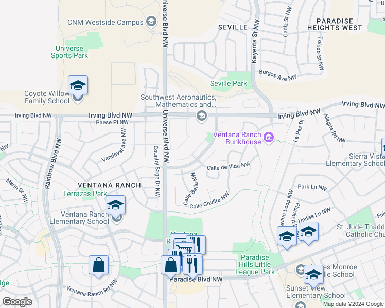 map of restaurants, bars, coffee shops, grocery stores, and more near 6498 Los Pueblos Place Northwest in Albuquerque