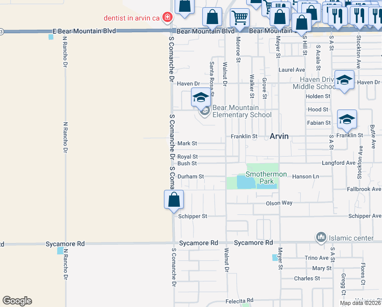map of restaurants, bars, coffee shops, grocery stores, and more near 1324 Royal Street in Arvin
