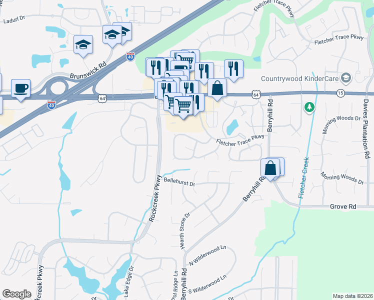 map of restaurants, bars, coffee shops, grocery stores, and more near 9037 Fletcher Park Cove in Memphis