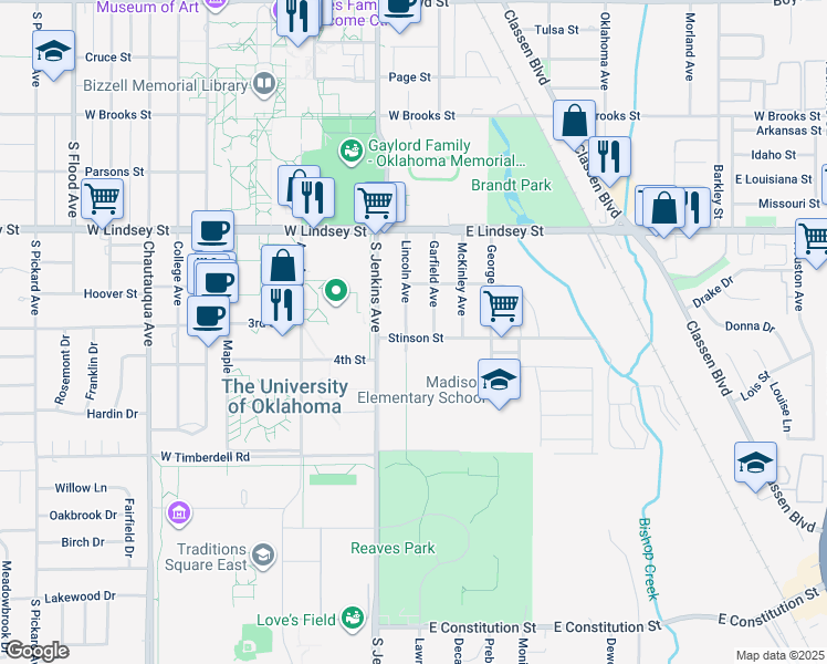 map of restaurants, bars, coffee shops, grocery stores, and more near 1417 Lincoln Avenue in Norman