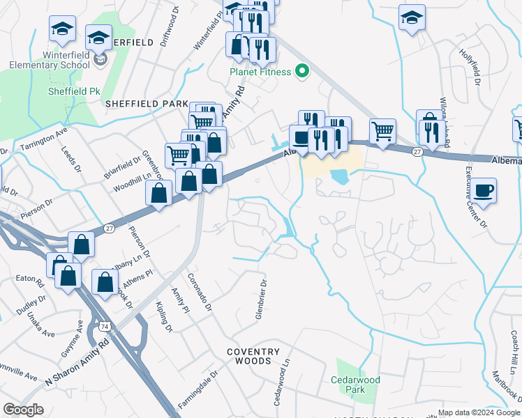 map of restaurants, bars, coffee shops, grocery stores, and more near 5327 Firelight Lane in Charlotte
