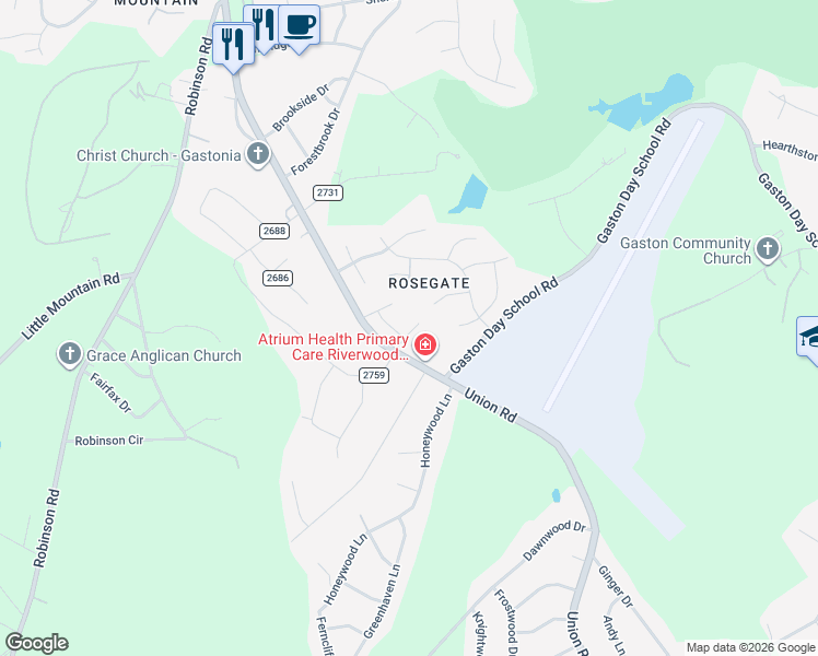 map of restaurants, bars, coffee shops, grocery stores, and more near 3707 Union Road in Gastonia