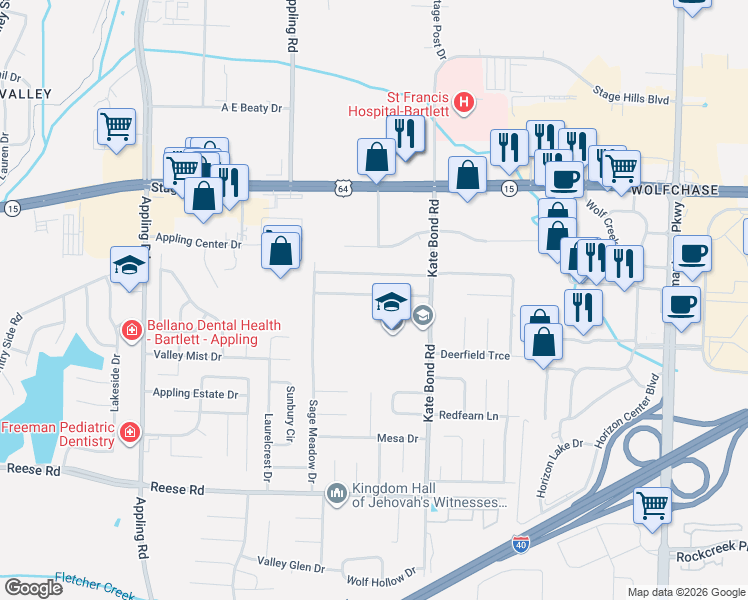 map of restaurants, bars, coffee shops, grocery stores, and more near 7741 Deerfield Trce in Memphis