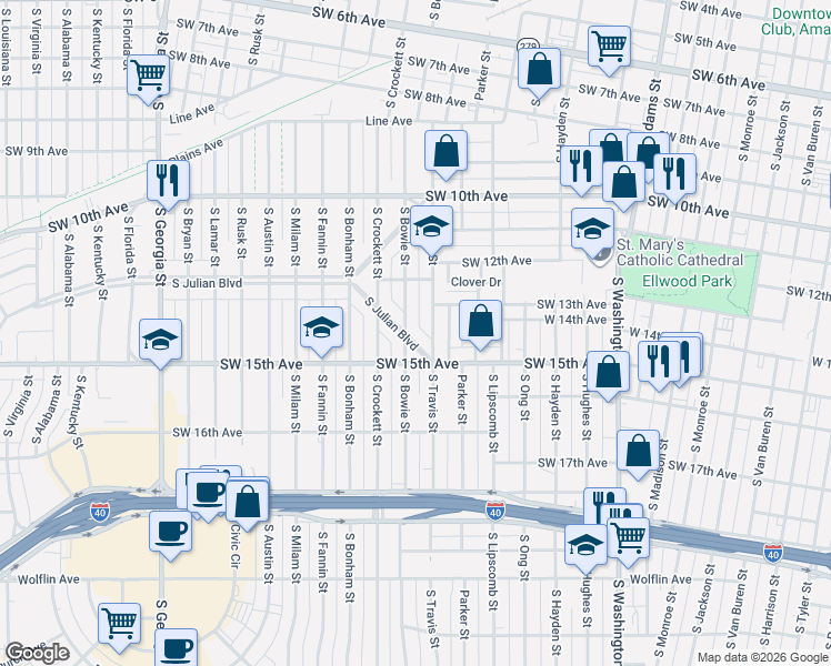 map of restaurants, bars, coffee shops, grocery stores, and more near 1218-1498 South Travis Street in Amarillo