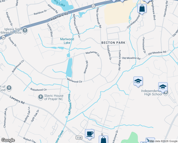 map of restaurants, bars, coffee shops, grocery stores, and more near 1008 Norwich Road in Charlotte