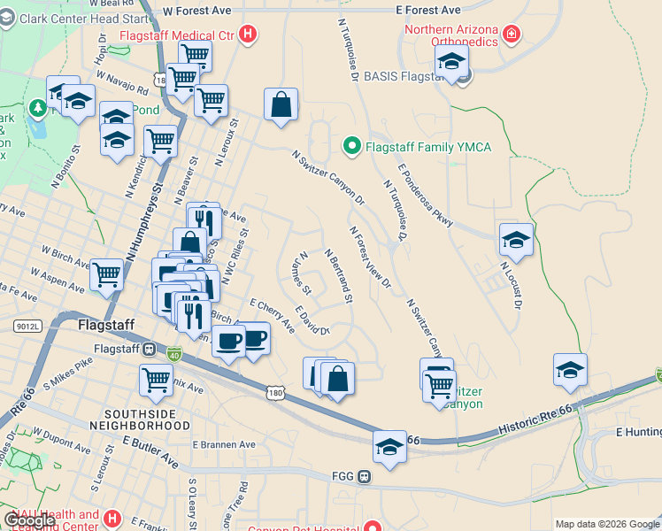 map of restaurants, bars, coffee shops, grocery stores, and more near 535 North Bertrand Street in Flagstaff