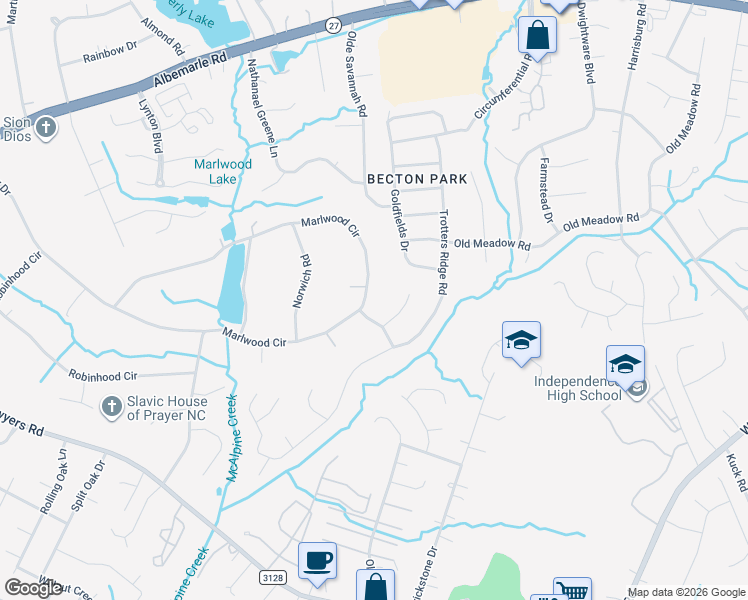 map of restaurants, bars, coffee shops, grocery stores, and more near 1616 Marlwood Circle in Charlotte