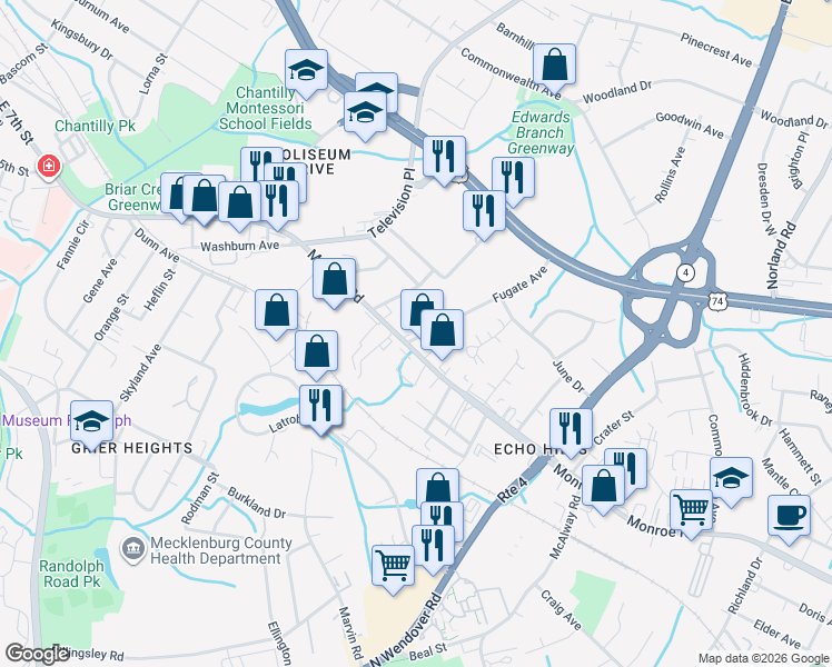 map of restaurants, bars, coffee shops, grocery stores, and more near 615 Fugate Avenue in Charlotte