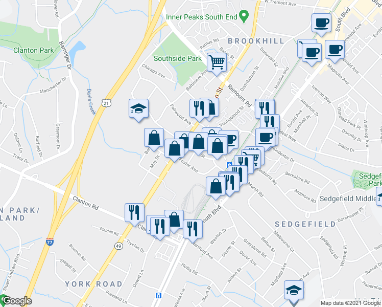 map of restaurants, bars, coffee shops, grocery stores, and more near 3101 Griffith Street in Charlotte