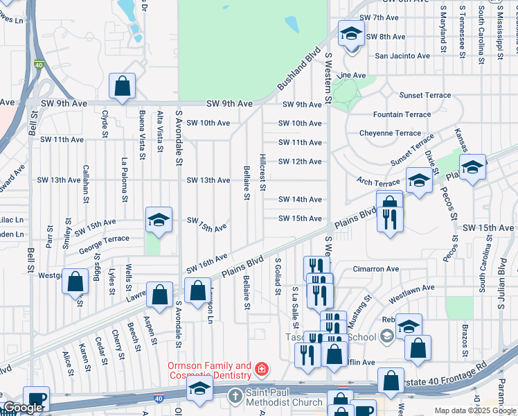 map of restaurants, bars, coffee shops, grocery stores, and more near 1314 Hillcrest Street in Amarillo