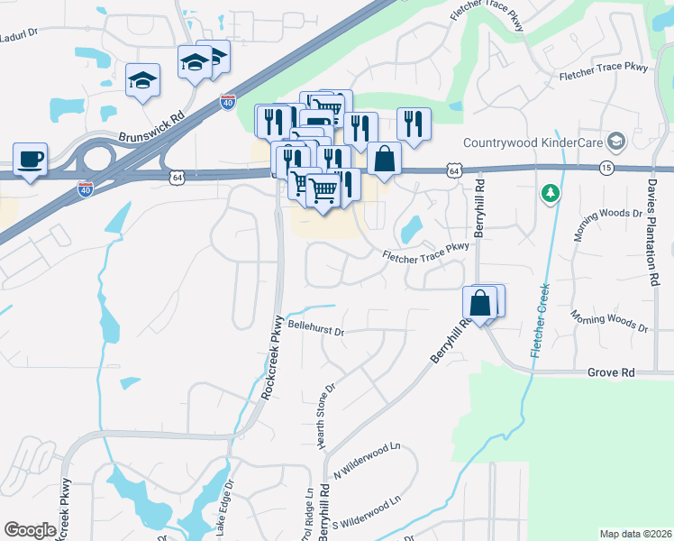 map of restaurants, bars, coffee shops, grocery stores, and more near 9037 Fletcher Park Cove in Memphis