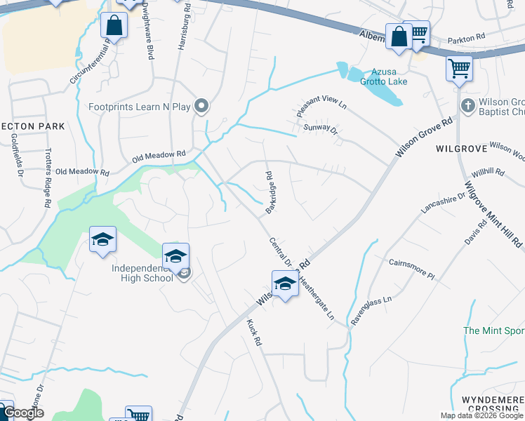 map of restaurants, bars, coffee shops, grocery stores, and more near 9702 Barkridge Road in Mint Hill