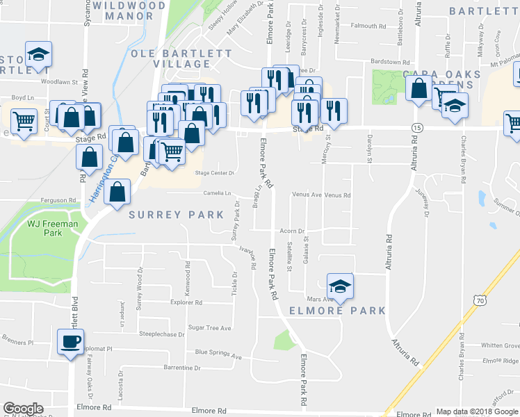 map of restaurants, bars, coffee shops, grocery stores, and more near 2750 Bragg Lane in Bartlett