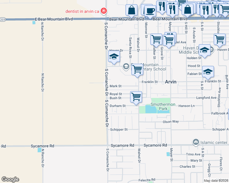 map of restaurants, bars, coffee shops, grocery stores, and more near 1324 Royal Street in Arvin