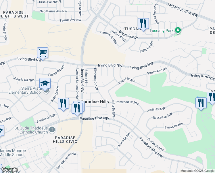 map of restaurants, bars, coffee shops, grocery stores, and more near 5412 Fordham Drive Northwest in Albuquerque