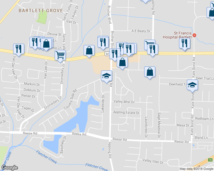 map of restaurants, bars, coffee shops, grocery stores, and more near 2755 Appling Rd in Memphis