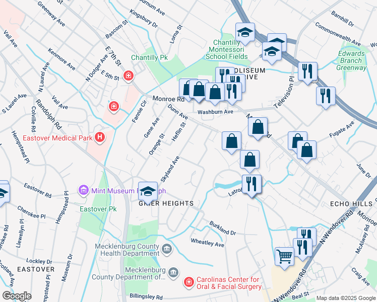 map of restaurants, bars, coffee shops, grocery stores, and more near 342 Skyland Avenue in Charlotte