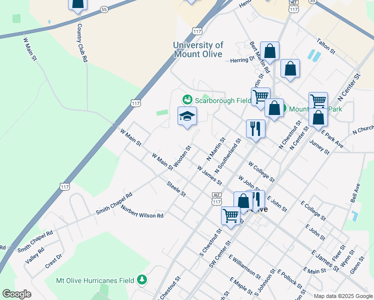 map of restaurants, bars, coffee shops, grocery stores, and more near Wooten Street in Mount Olive