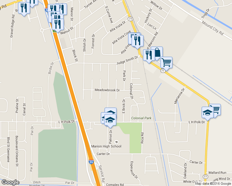 map of restaurants, bars, coffee shops, grocery stores, and more near 439 Dogwood Cove in Marion