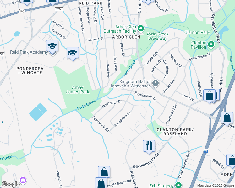 map of restaurants, bars, coffee shops, grocery stores, and more near 1423 Rollingwood Drive in Charlotte