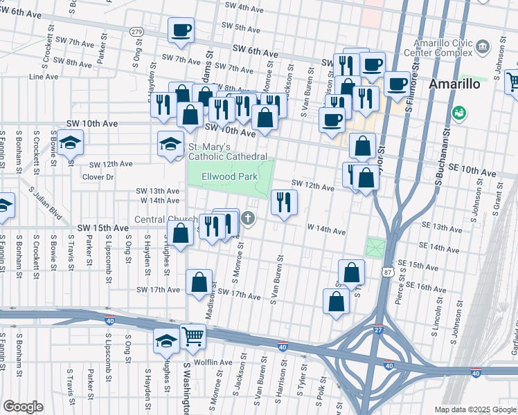 map of restaurants, bars, coffee shops, grocery stores, and more near 1300 South Jackson Street in Amarillo