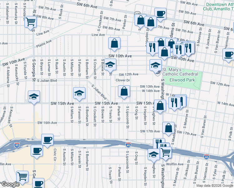 map of restaurants, bars, coffee shops, grocery stores, and more near 1312 Parker Street in Amarillo