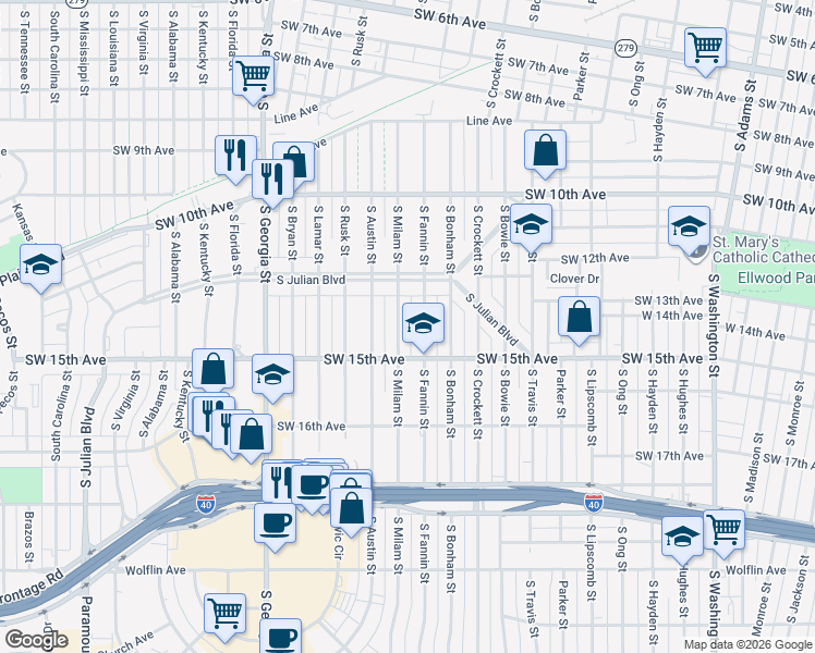 map of restaurants, bars, coffee shops, grocery stores, and more near 1224 South Fannin Street in Amarillo