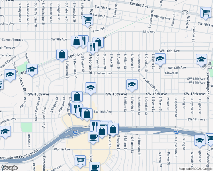 map of restaurants, bars, coffee shops, grocery stores, and more near 1224 South Rusk Street in Amarillo