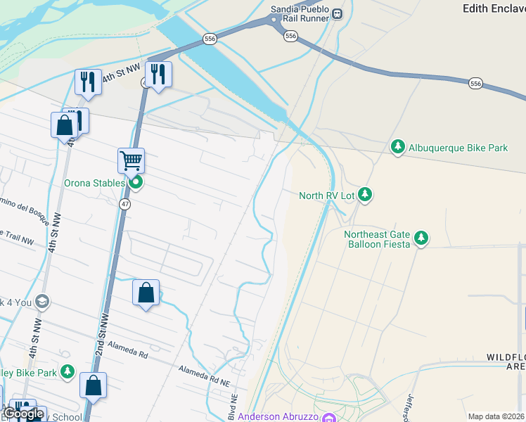 map of restaurants, bars, coffee shops, grocery stores, and more near 10343 Edith Boulevard Northeast in Albuquerque