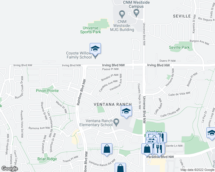 map of restaurants, bars, coffee shops, grocery stores, and more near 10323 Vendaval Avenue Northwest in Albuquerque